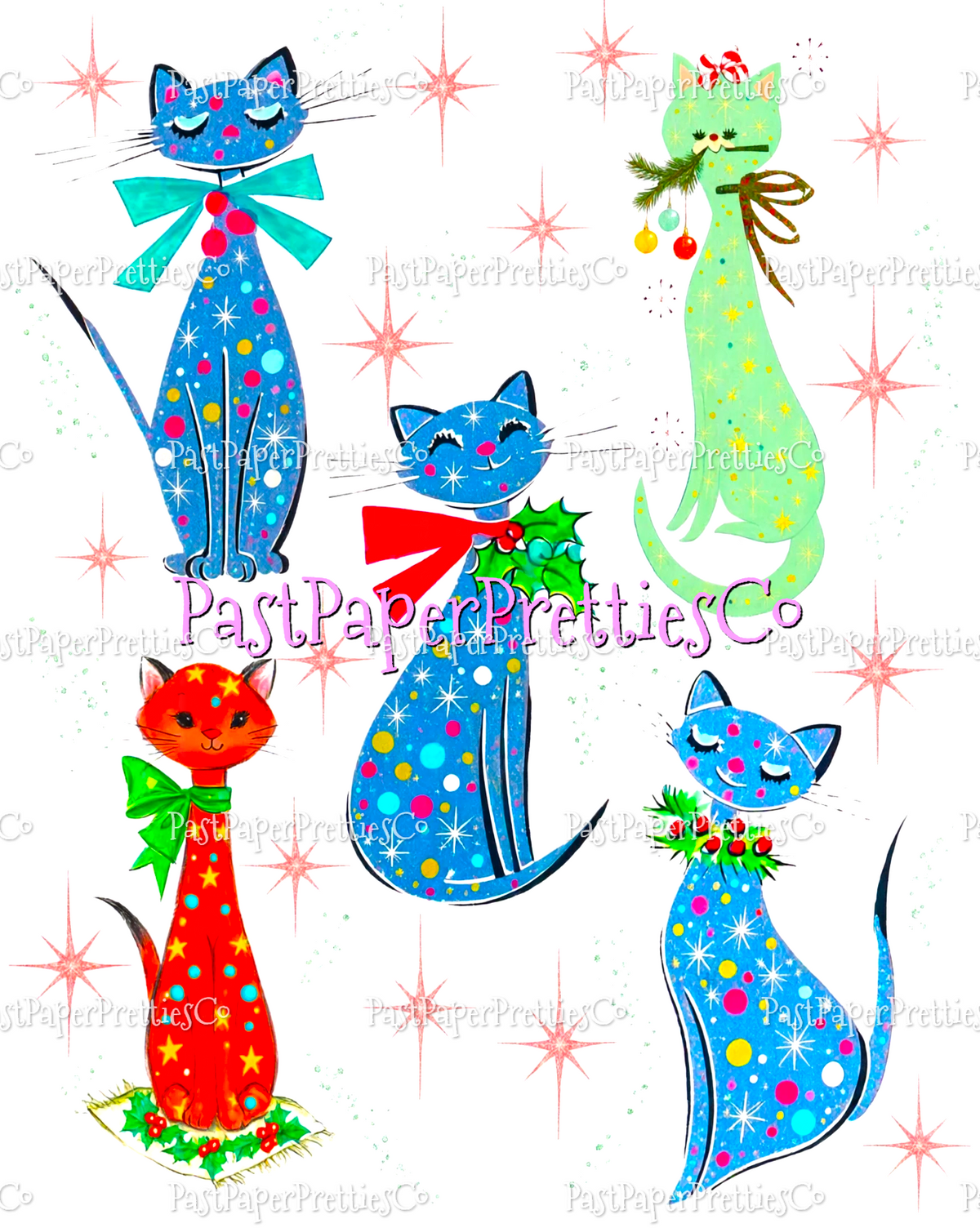 Vintage Retro Atomic Mod Christmas Kitty Cats 20 Kitsch Images Printable PDF Instant Digital Download Kitschmas Holiday Clipart