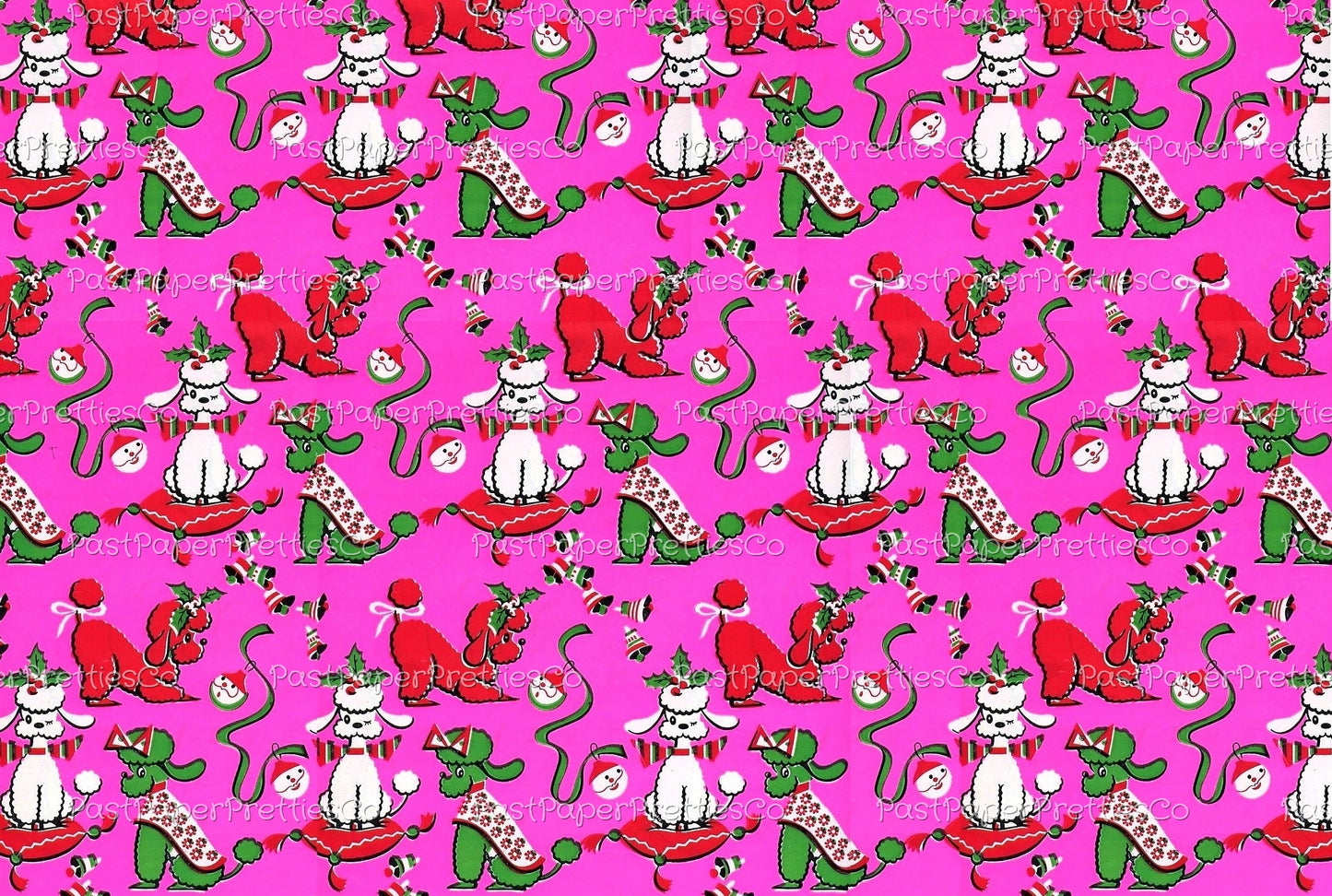Vintage Printable Christmas Poodle Gift Wrap Bright Pin 3 Sizes