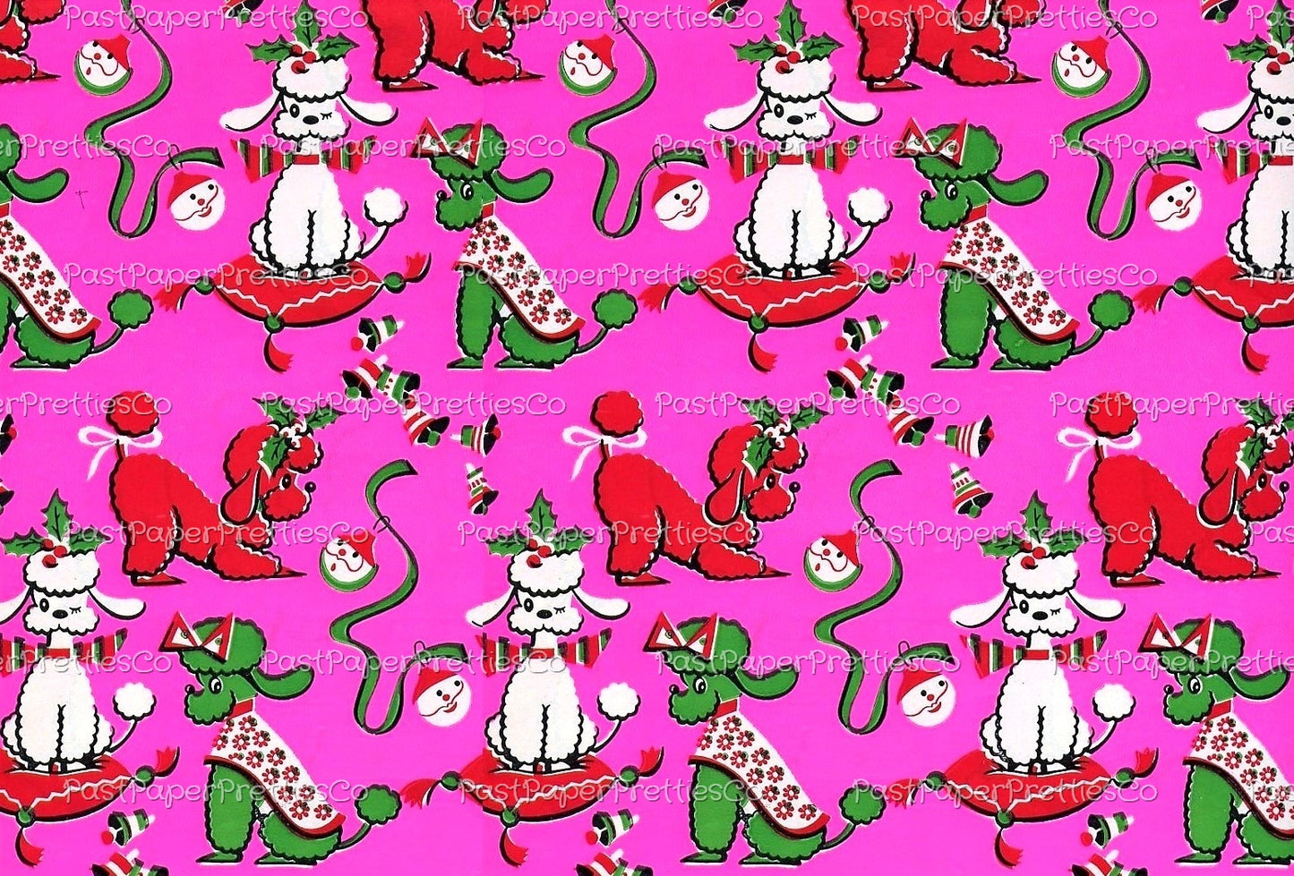 Vintage Printable Christmas Poodle Gift Wrap Bright Pin 3 Sizes