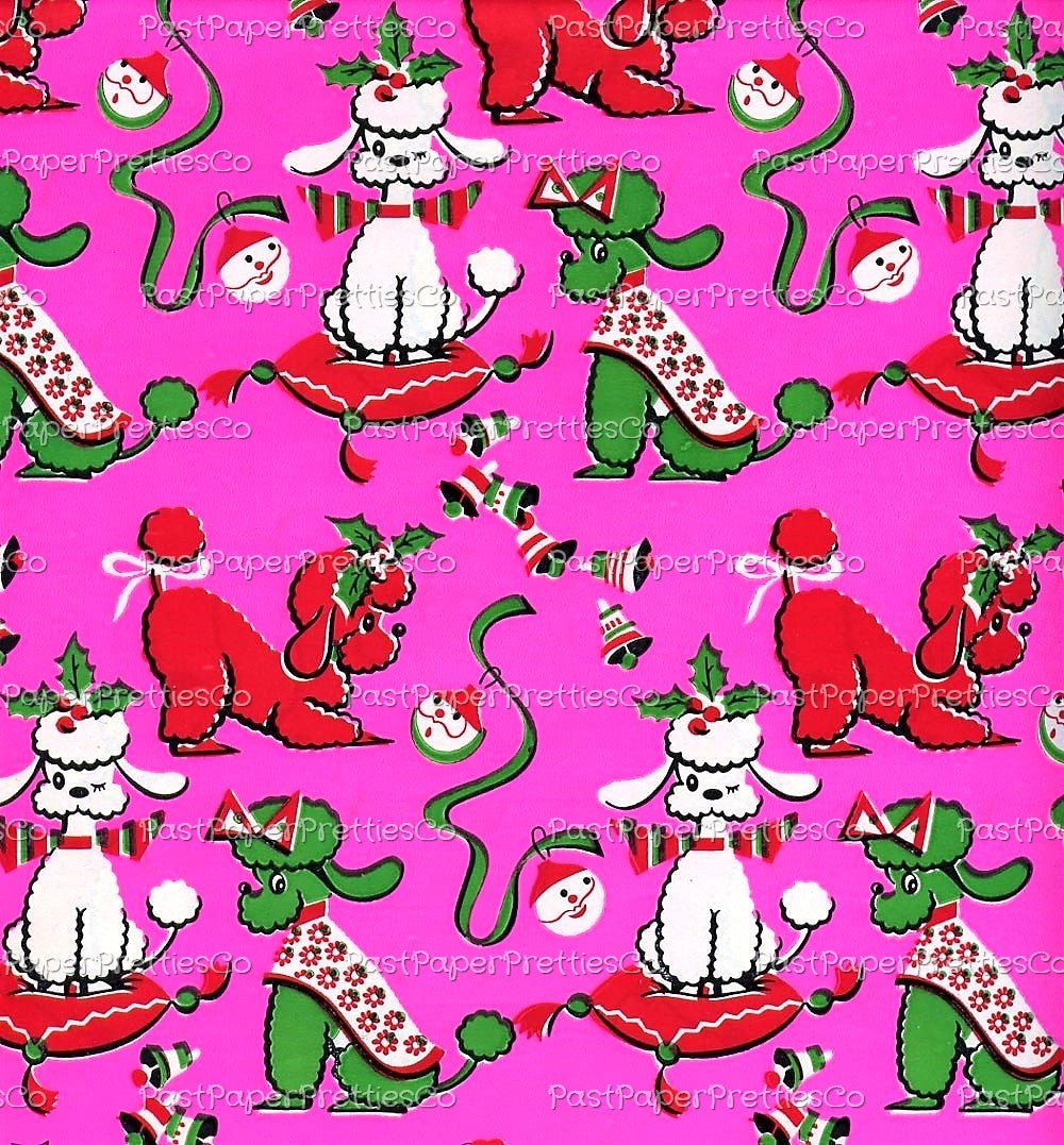 Vintage Printable Christmas Poodle Gift Wrap Bright Pin 3 Sizes