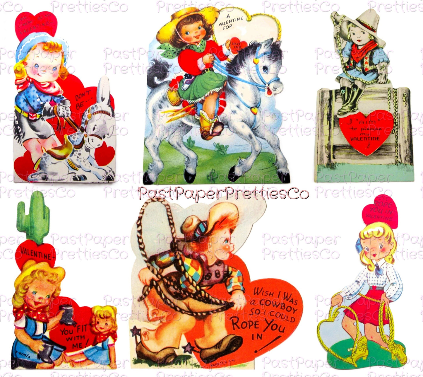 Vintage Cowgirl Valentines Day Card Images Collage Sheets Printable PDF Instant Digital ALL Cute Western Girls Themed Clipart