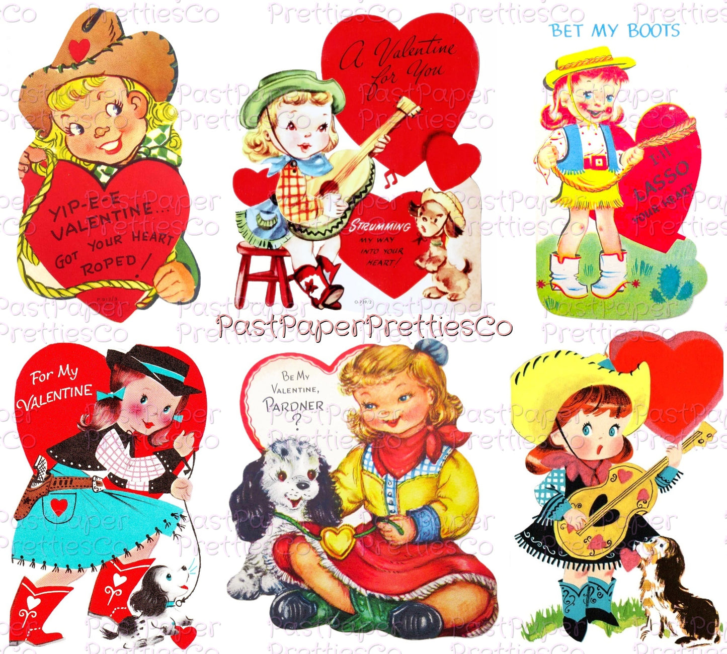 Vintage Cowgirl Valentines Day Card Images Collage Sheets Printable PDF Instant Digital ALL Cute Western Girls Themed Clipart
