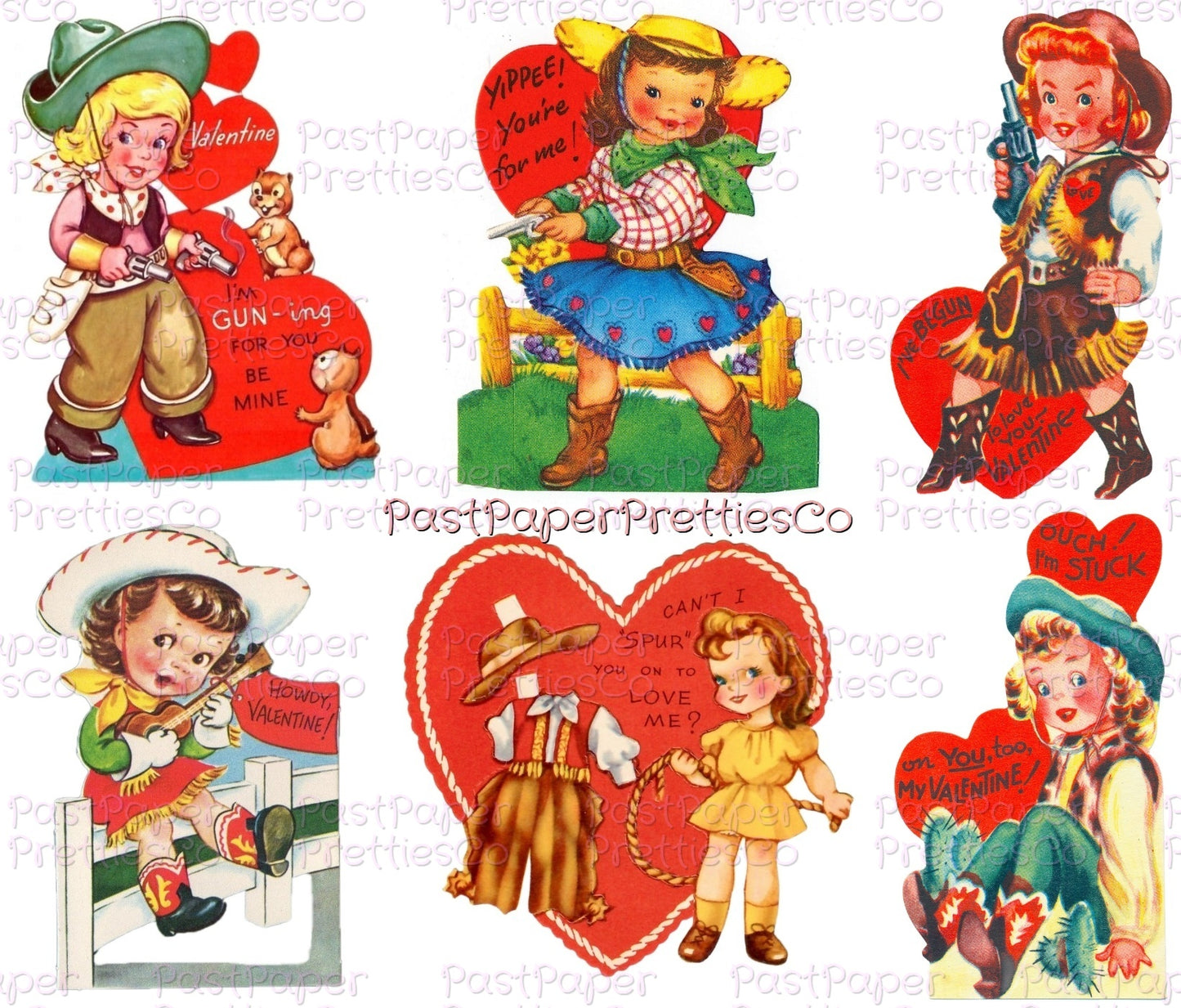 Vintage Cowgirl Valentines Day Card Images Collage Sheets Printable PDF Instant Digital ALL Cute Western Girls Themed Clipart
