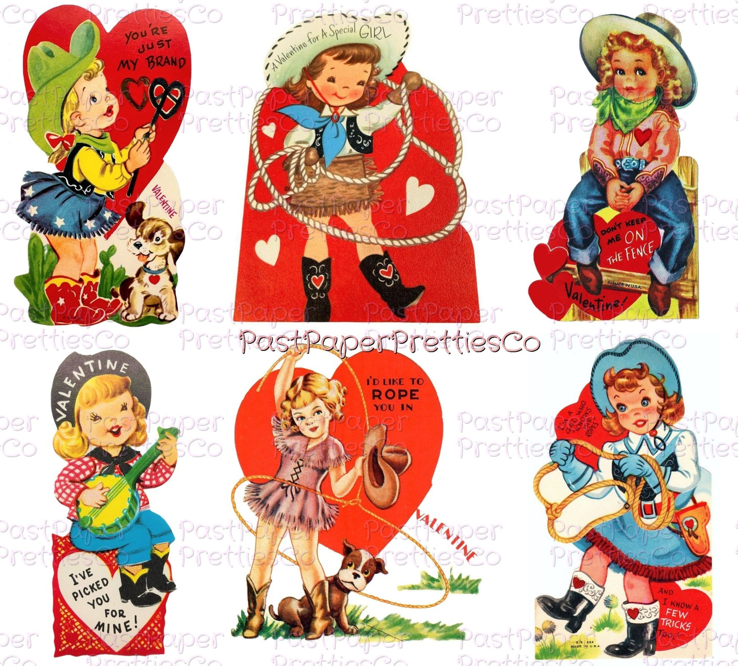 Vintage Cowgirl Valentines Day Card Images Collage Sheets Printable PDF Instant Digital ALL Cute Western Girls Themed Clipart