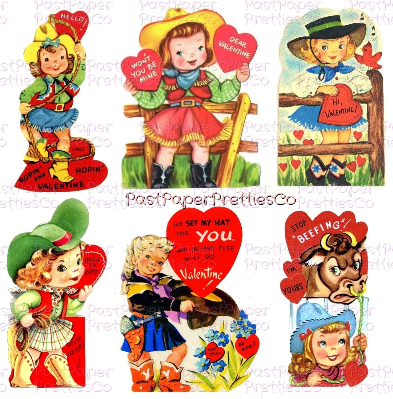Vintage Cowgirl Valentines Day Card Images Collage Sheets Printable PDF Instant Digital ALL Cute Western Girls Themed Clipart