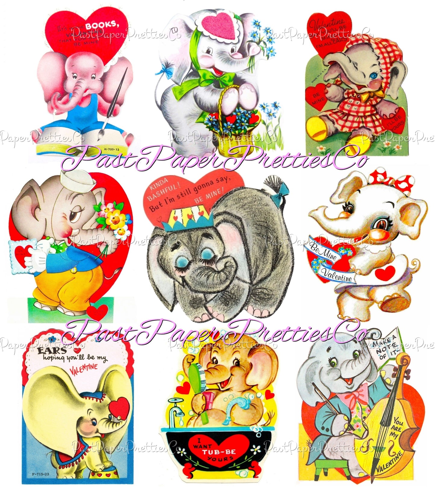 Vintage Valentines Day Elephants Printable Card Image Collage Sheets PDF Instant Digital Download 66 Cute Ellie Pachyderm Animal Clipart
