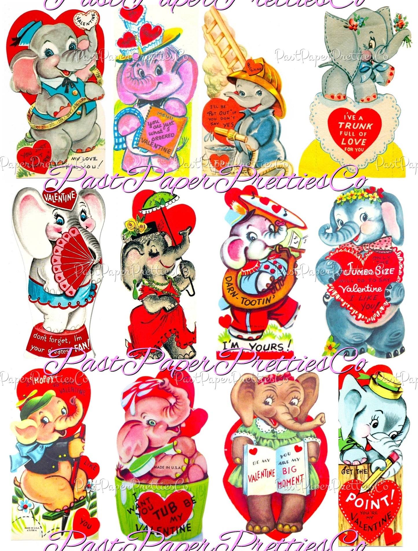 Vintage Valentines Day Elephants Printable Card Image Collage Sheets PDF Instant Digital Download 66 Cute Ellie Pachyderm Animal Clipart