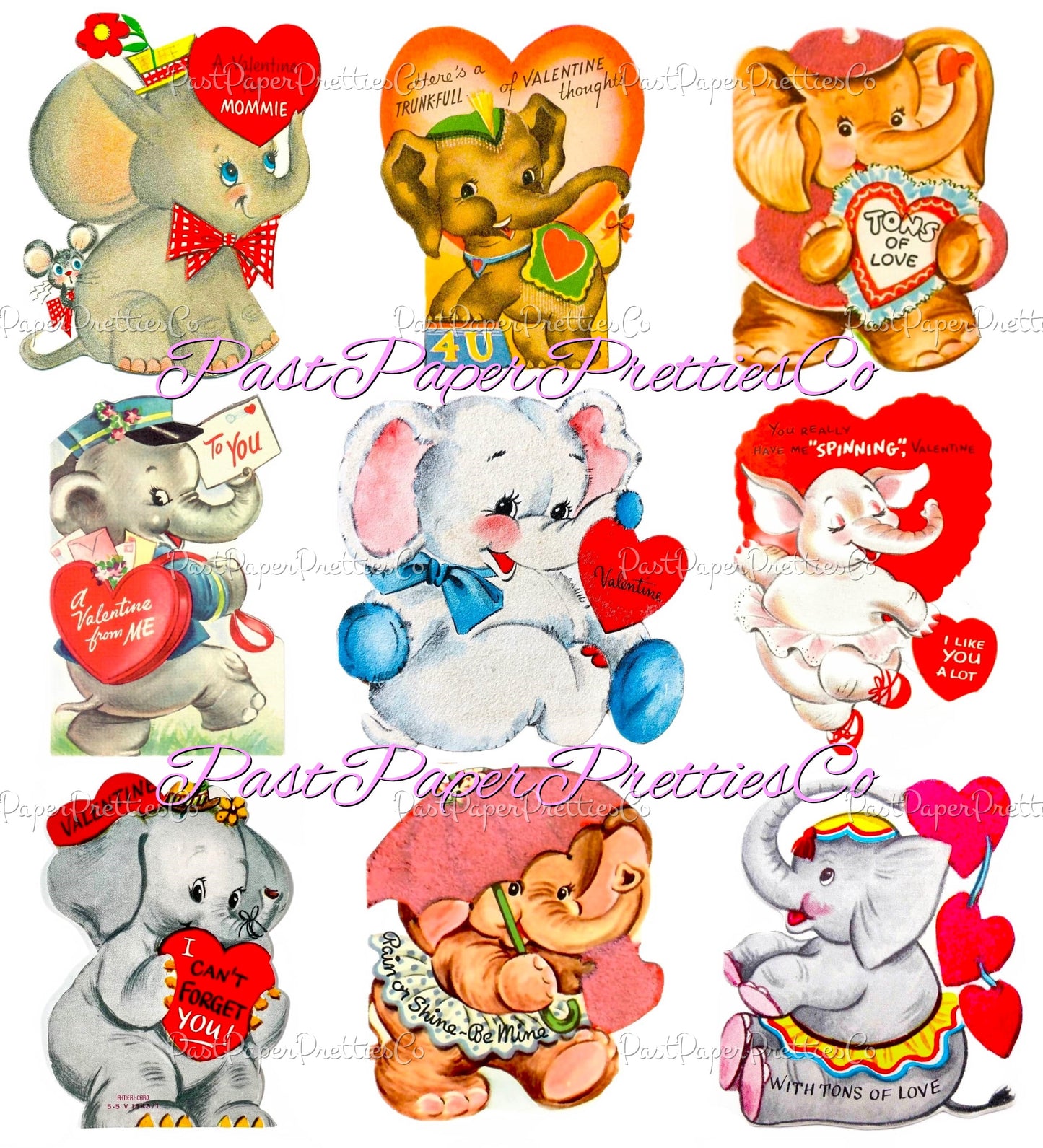 Vintage Valentines Day Elephants Printable Card Image Collage Sheets PDF Instant Digital Download 66 Cute Ellie Pachyderm Animal Clipart