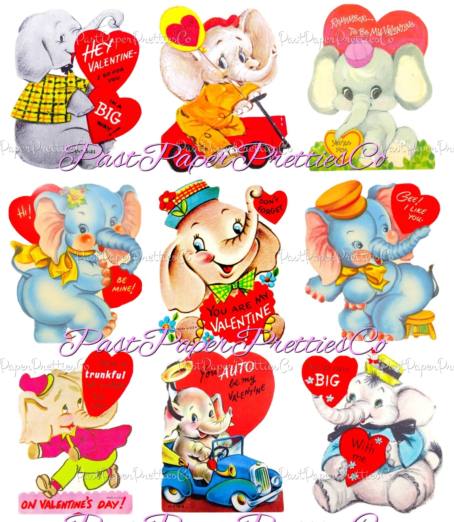 Vintage Valentines Day Elephants Printable Card Image Collage Sheets PDF Instant Digital Download 66 Cute Ellie Pachyderm Animal Clipart