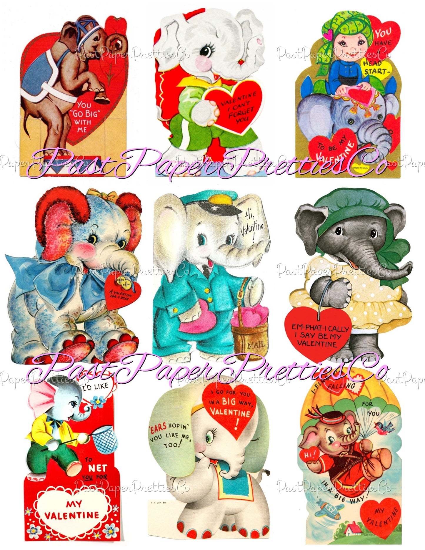 Vintage Valentines Day Elephants Printable Card Image Collage Sheets PDF Instant Digital Download 66 Cute Ellie Pachyderm Animal Clipart