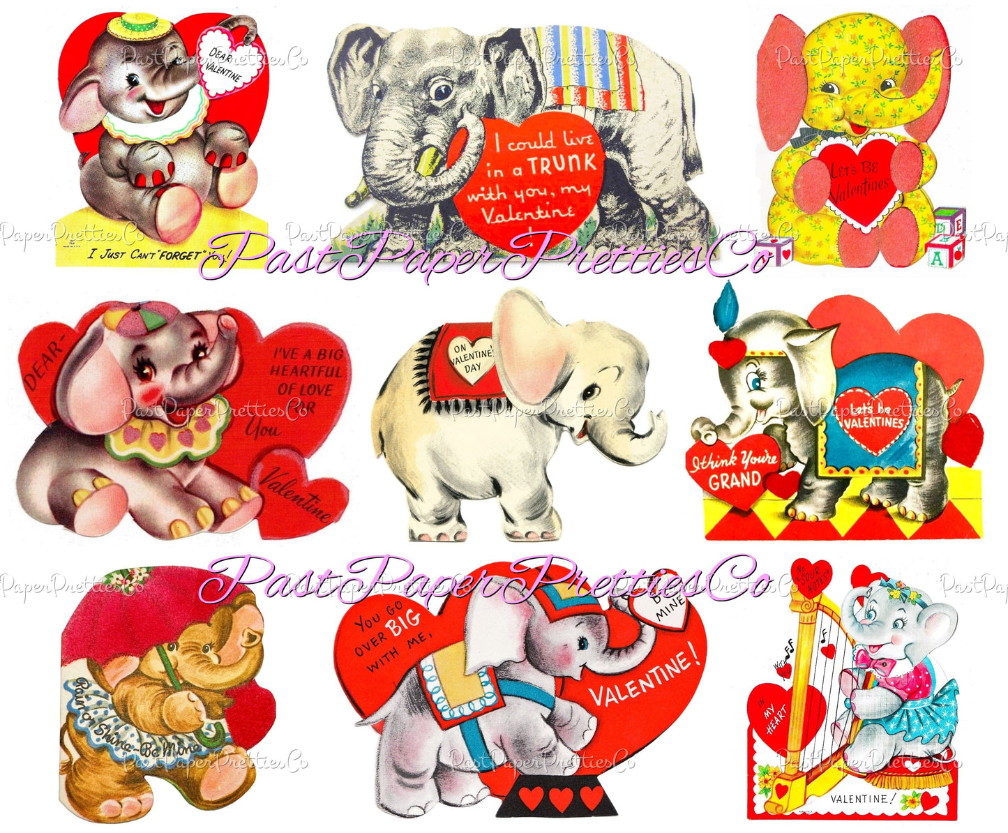 Vintage Valentines Day Elephants Printable Card Image Collage Sheets PDF Instant Digital Download 66 Cute Ellie Pachyderm Animal Clipart