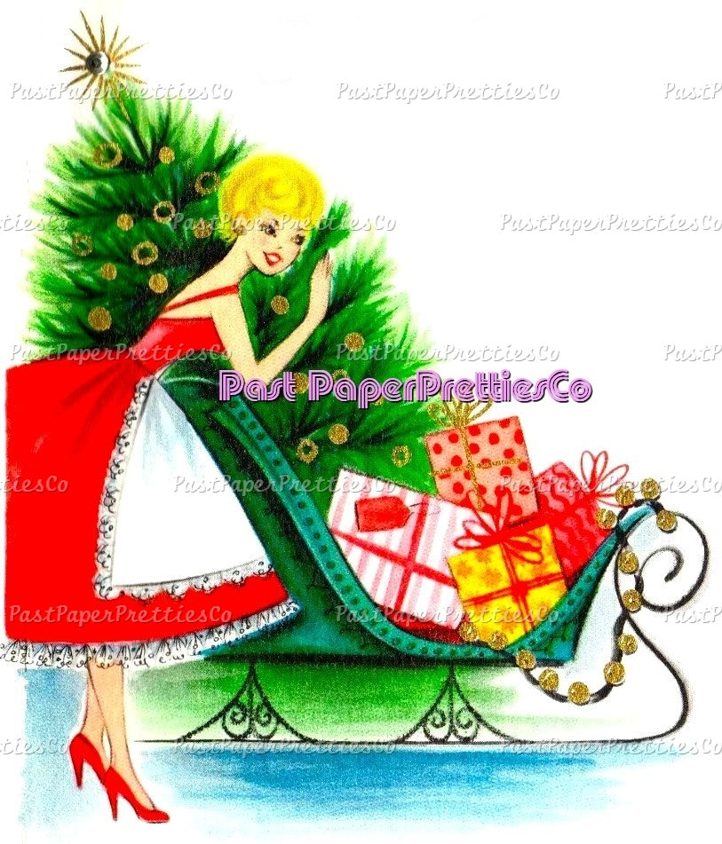 Vintage Retro 2 Pretty Holiday Ladies Christmas Card Images Printable PDF Instant Digital Download Mid Century Homemaker Happy Housewives