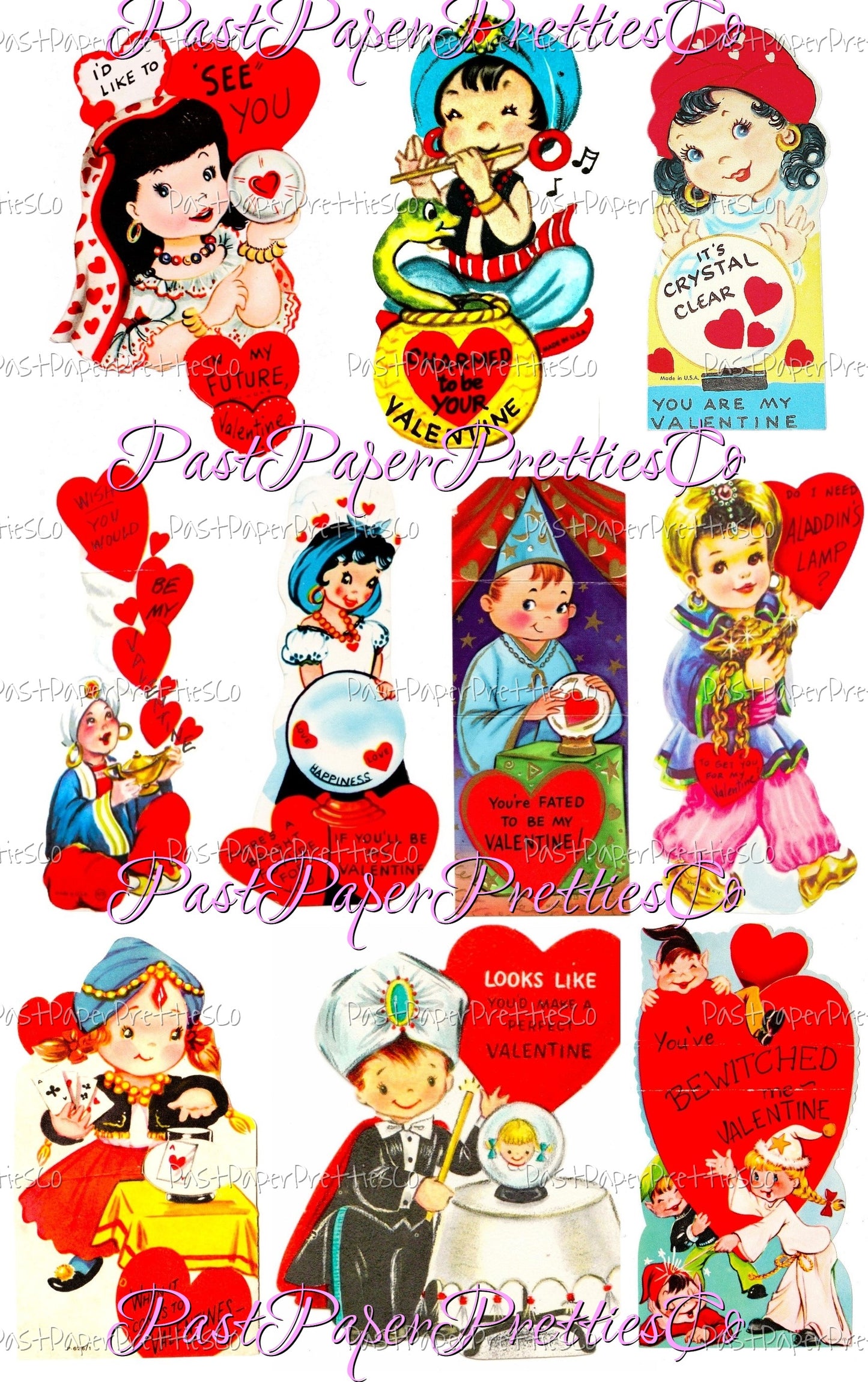 Vintage Valentines Day Fortune Teller Magician Magical Mystical Themed Printable Cards 31 Images Collage Sheets PDF Instant Digital Download