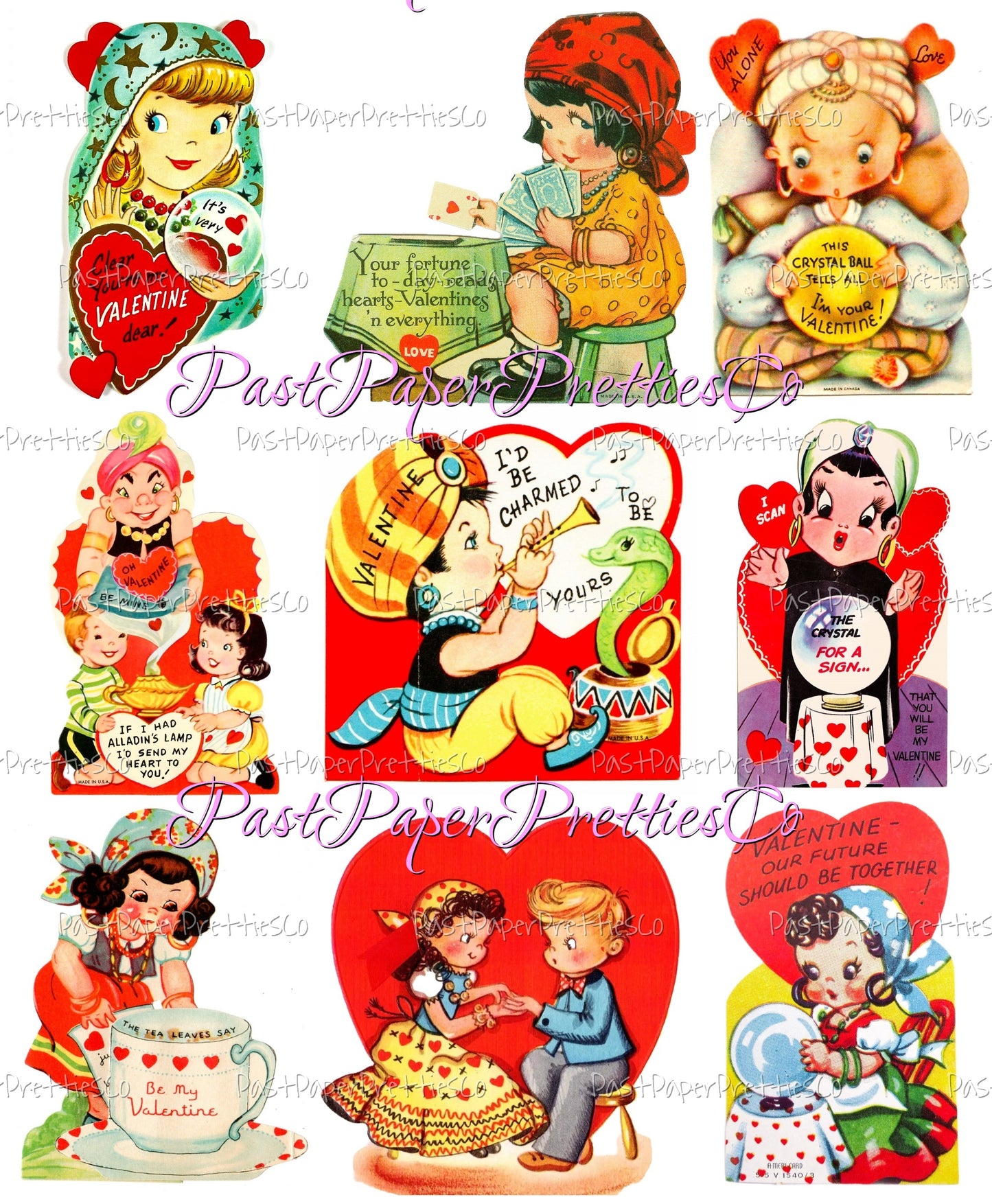 Vintage Valentines Day Fortune Teller Magician Magical Mystical Themed Printable Cards 31 Images Collage Sheets PDF Instant Digital Download