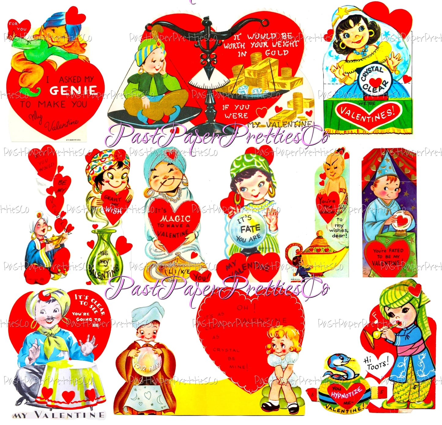 Vintage Valentines Day Fortune Teller Magician Magical Mystical Themed Printable Cards 31 Images Collage Sheets PDF Instant Digital Download