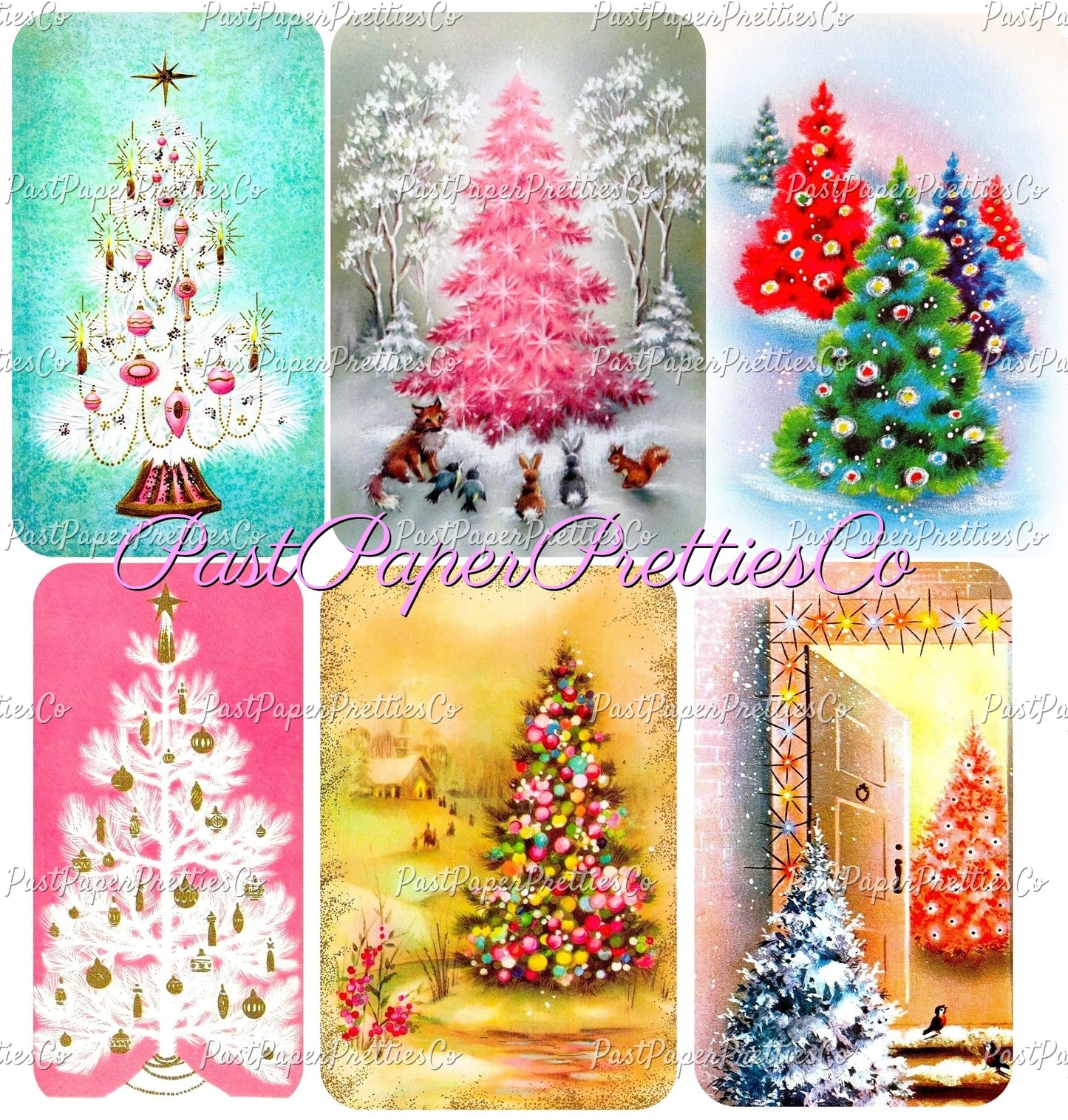 Vintage Printable Retro Pink Pastels Christmas Tree Card Images Collage Sheets PDF Instant Digital Download MCM Mod Mid Century Kitschmas