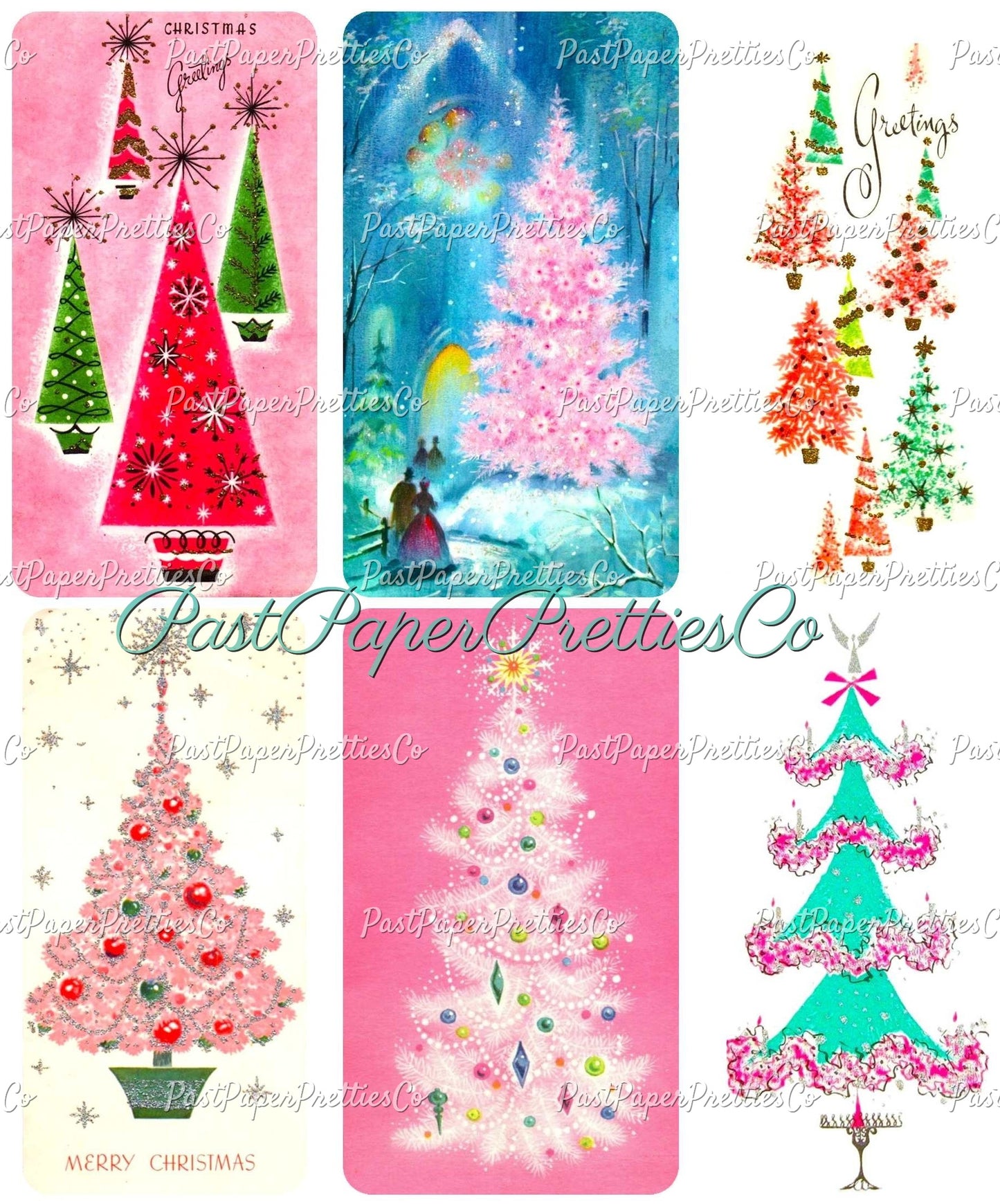Vintage Printable Retro Pink Pastels Christmas Tree Card Images Collage Sheets PDF Instant Digital Download MCM Mod Mid Century Kitschmas