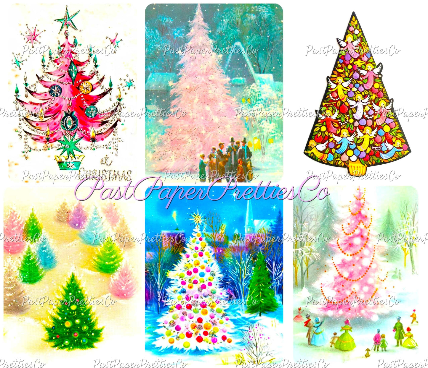Vintage Printable Retro Pink Pastels Christmas Tree Card Images Collage Sheets PDF Instant Digital Download MCM Mod Mid Century Kitschmas