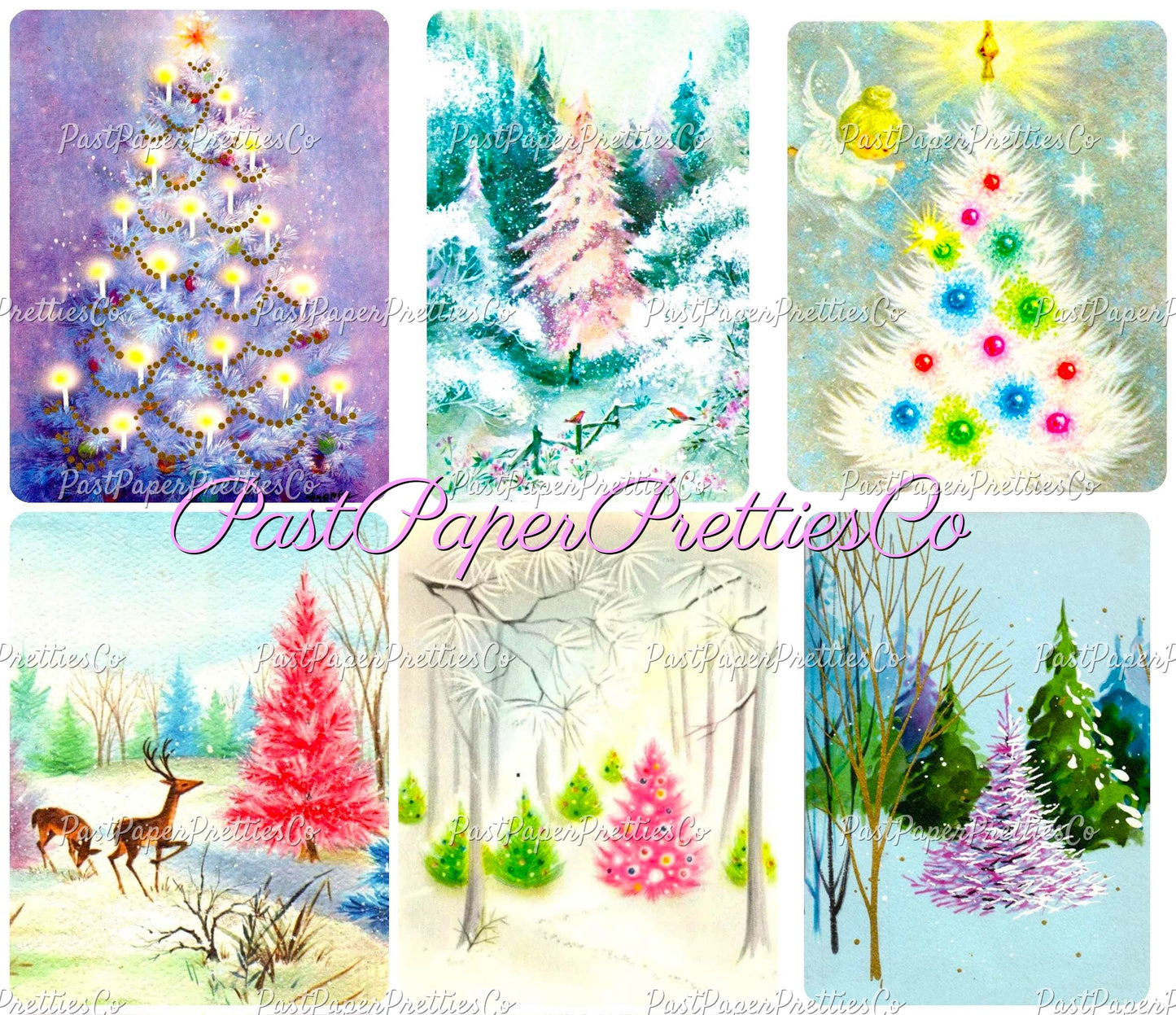 Vintage Printable Retro Pink Pastels Christmas Tree Card Images Collage Sheets PDF Instant Digital Download MCM Mod Mid Century Kitschmas