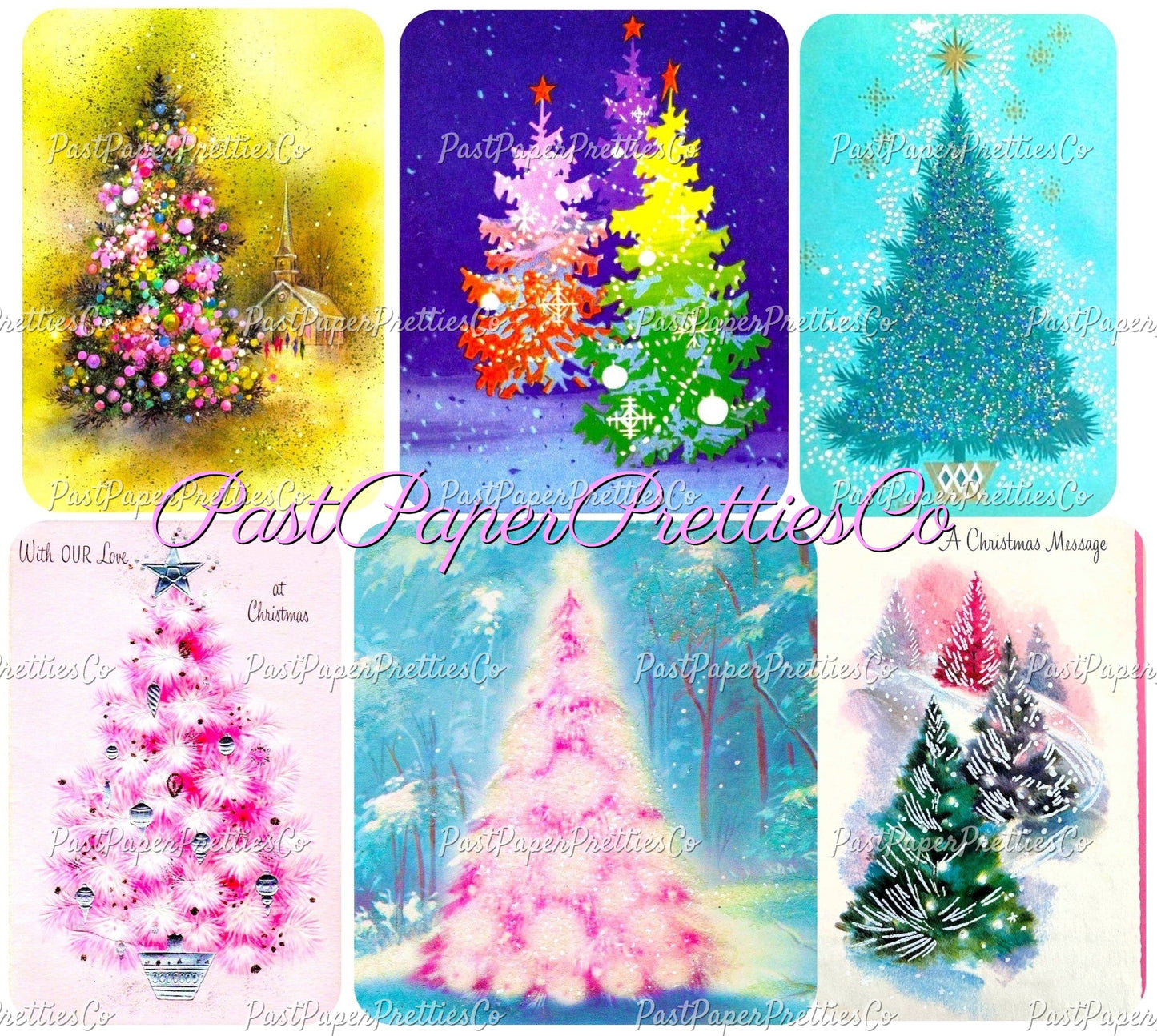 Vintage Printable Retro Pink Pastels Christmas Tree Card Images Collage Sheets PDF Instant Digital Download MCM Mod Mid Century Kitschmas