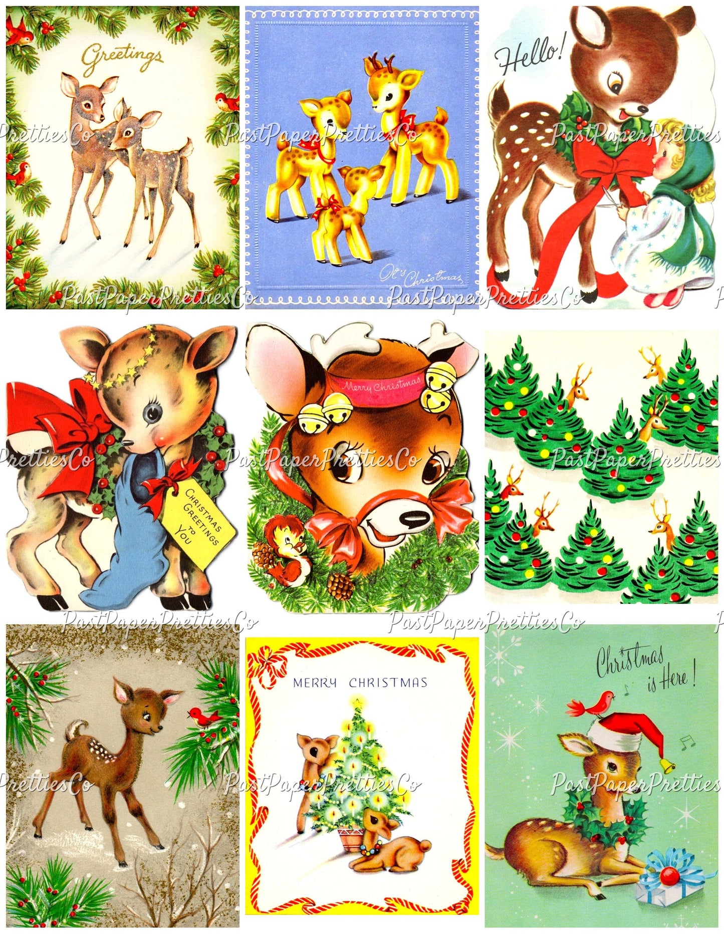 Vintage Printable Christmas Retro Reindeer Collage Sheets 81 Card Images PDF Instant Digital Download Holiday Deer Themed Clipart