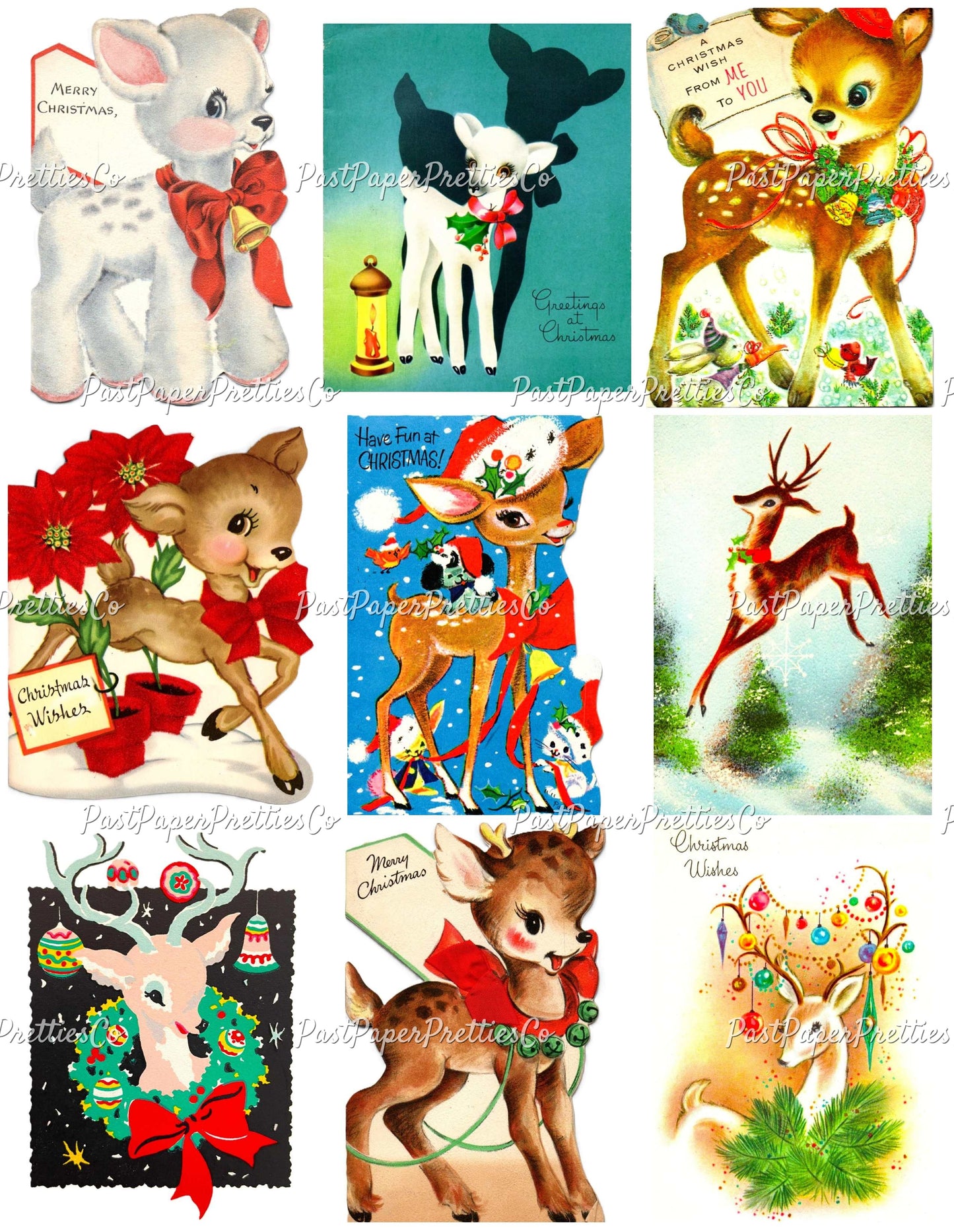 Vintage Printable Christmas Retro Reindeer Collage Sheets 81 Card Images PDF Instant Digital Download Holiday Deer Themed Clipart