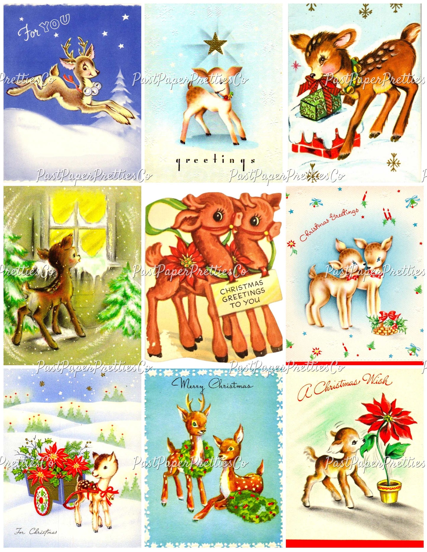 Vintage Printable Christmas Retro Reindeer Collage Sheets 81 Card Images PDF Instant Digital Download Holiday Deer Themed Clipart