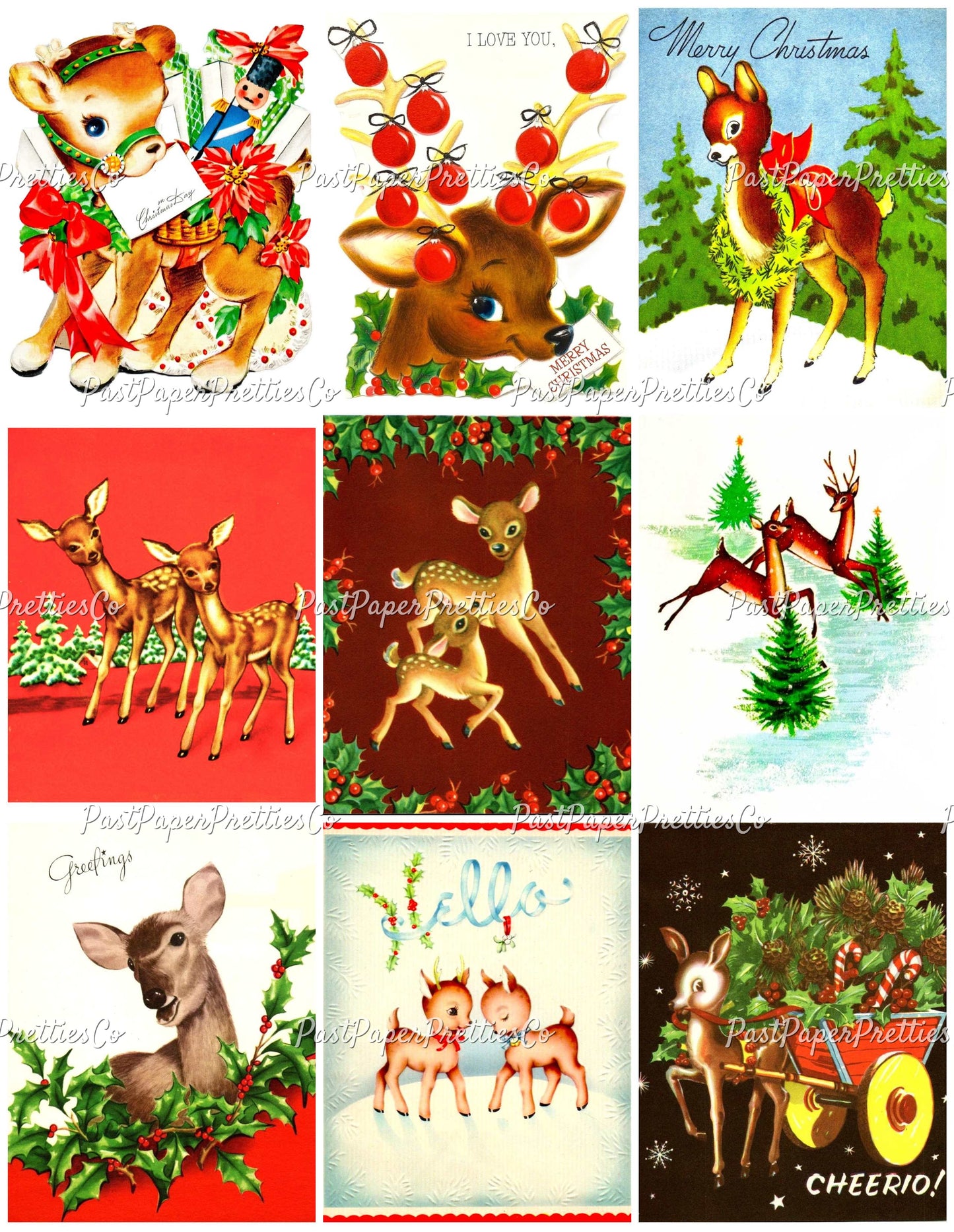 Vintage Printable Christmas Retro Reindeer Collage Sheets 81 Card Images PDF Instant Digital Download Holiday Deer Themed Clipart