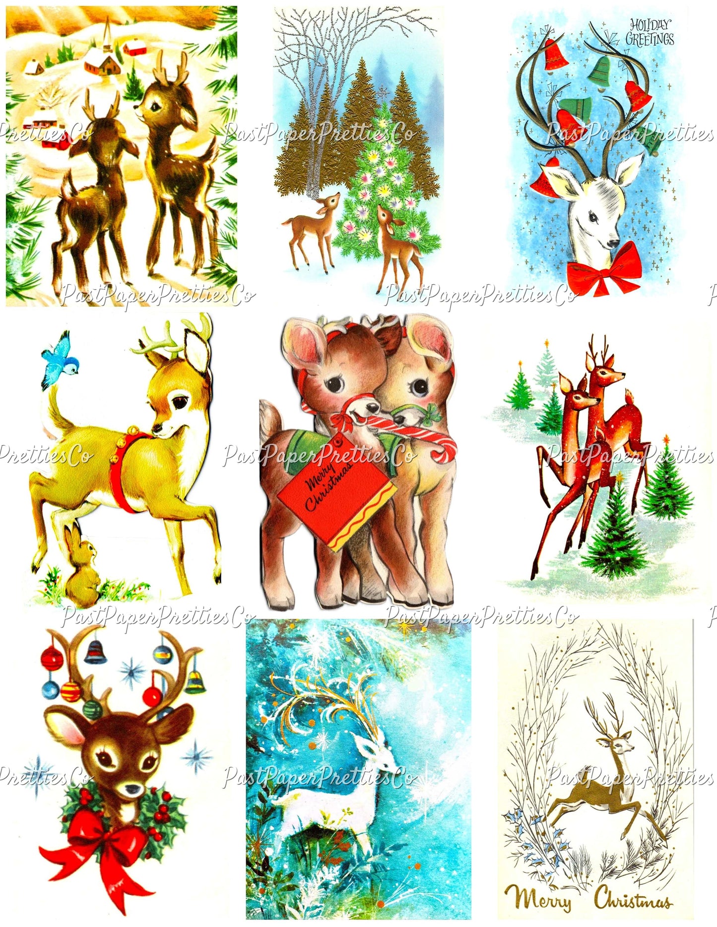 Vintage Printable Christmas Retro Reindeer Collage Sheets 81 Card Images PDF Instant Digital Download Holiday Deer Themed Clipart