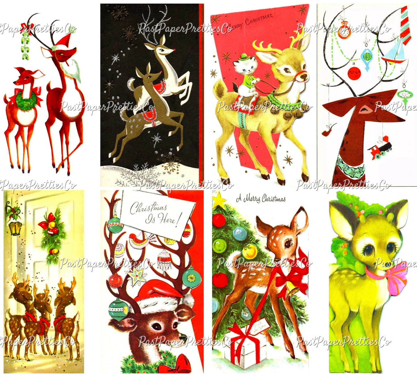 Vintage Printable Christmas Retro Reindeer Collage Sheets 81 Card Images PDF Instant Digital Download Holiday Deer Themed Clipart
