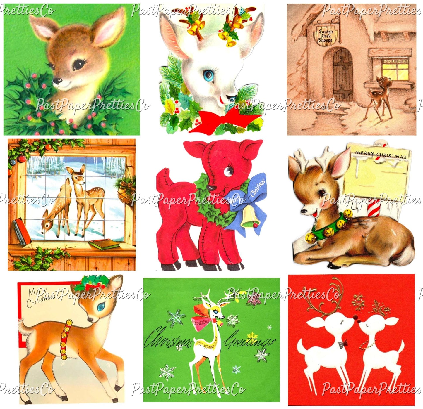 Vintage Printable Christmas Retro Reindeer Collage Sheets 81 Card Images PDF Instant Digital Download Holiday Deer Themed Clipart
