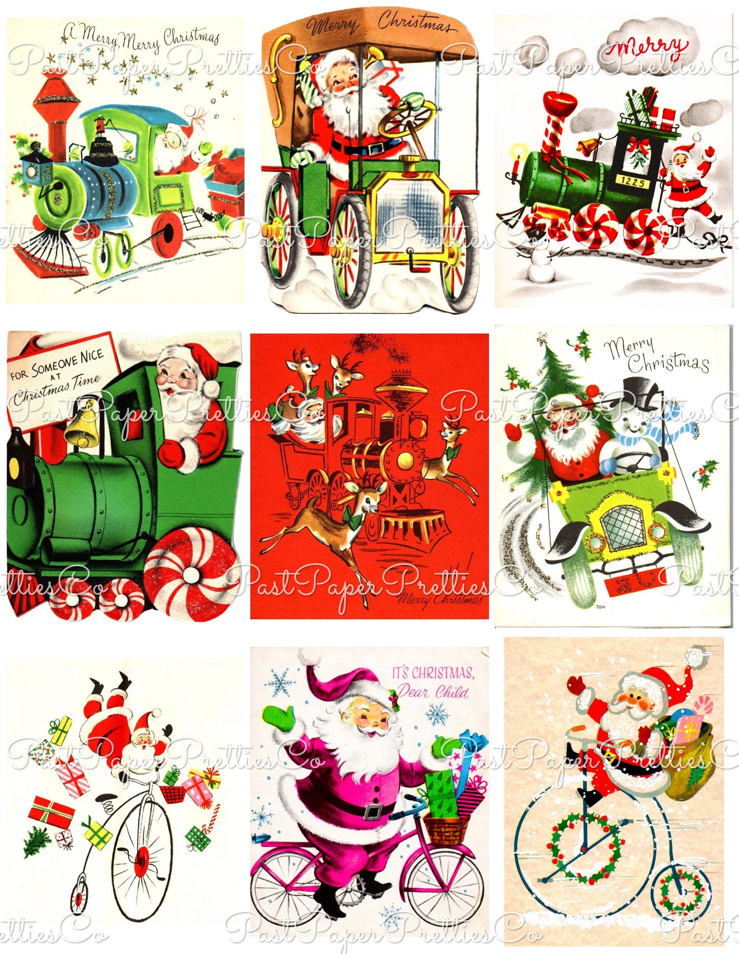 Vintage Christmas Santa Claus Vehicles Card Collage Sheets Printable PDF Instant Digital Download Planes Trains Automobiles 110 Images