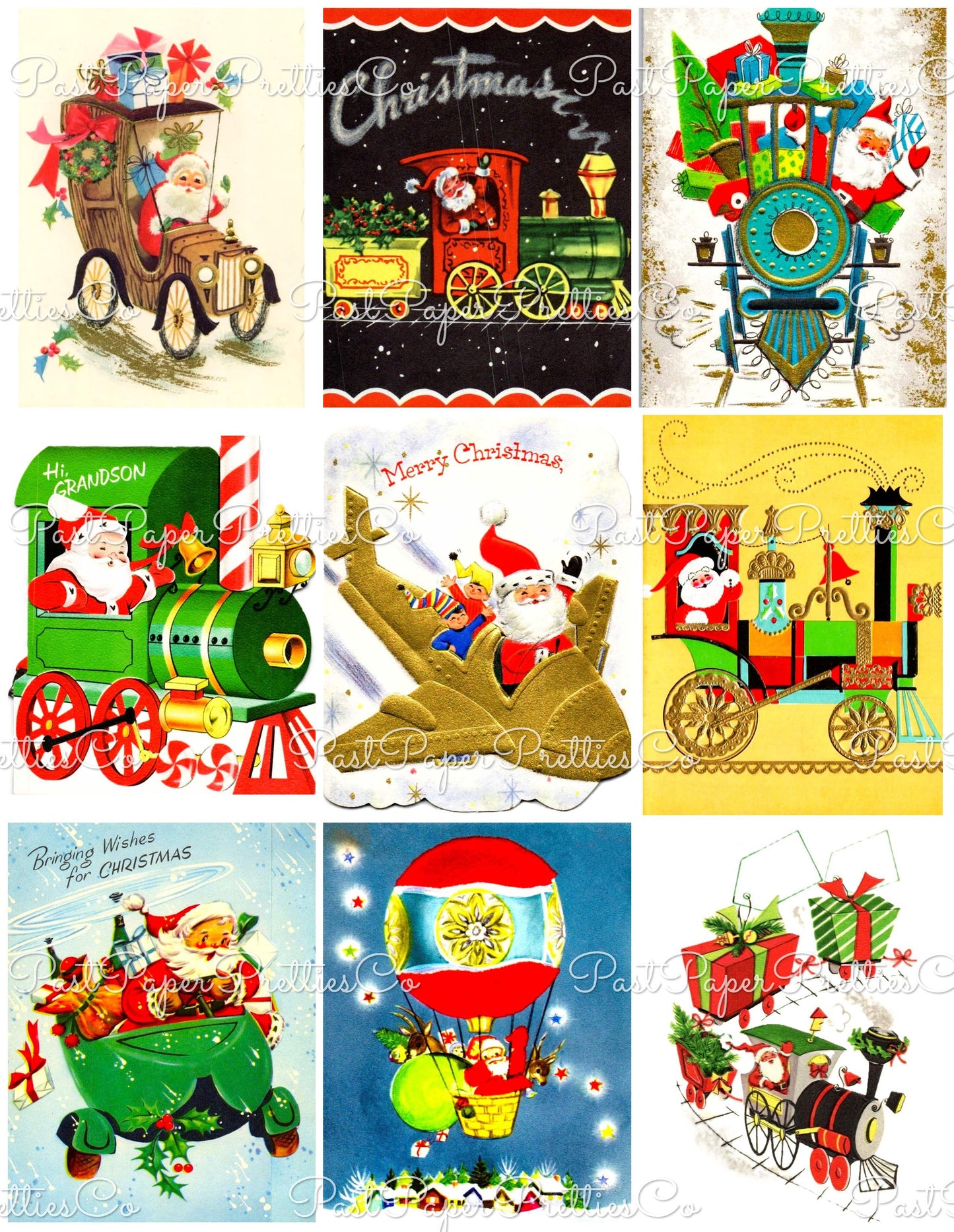Vintage Christmas Santa Claus Vehicles Card Collage Sheets Printable PDF Instant Digital Download Planes Trains Automobiles 110 Images