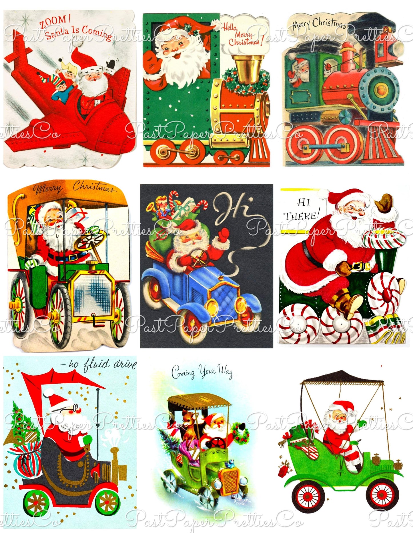 Vintage Christmas Santa Claus Vehicles Card Collage Sheets Printable PDF Instant Digital Download Planes Trains Automobiles 110 Images