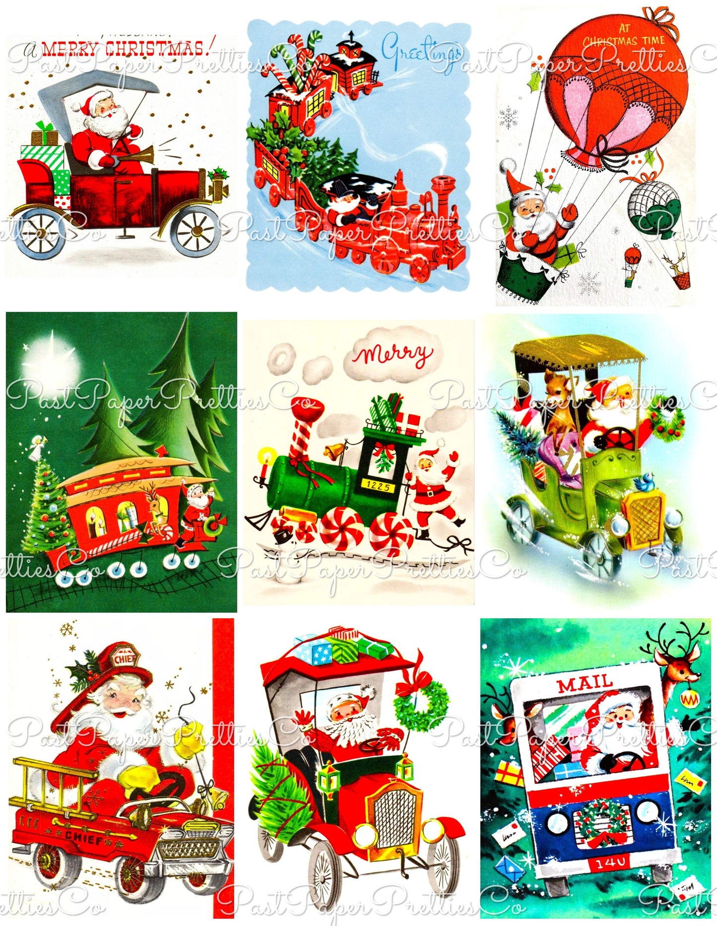 Vintage Christmas Santa Claus Vehicles Card Collage Sheets Printable PDF Instant Digital Download Planes Trains Automobiles 110 Images