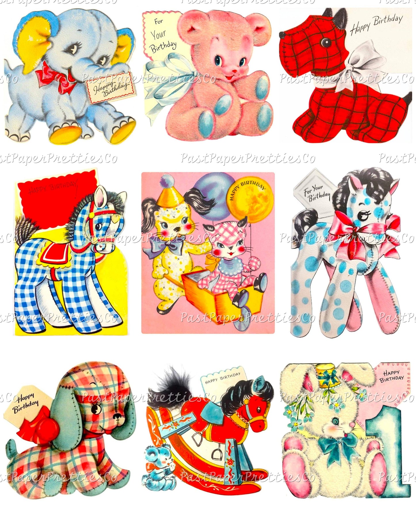 Vintage Printable Happy Birthday Soft Toy Stuffed Animals Greeting Cards Retro Collage & 18 Single Images PDF Instant Digital Download