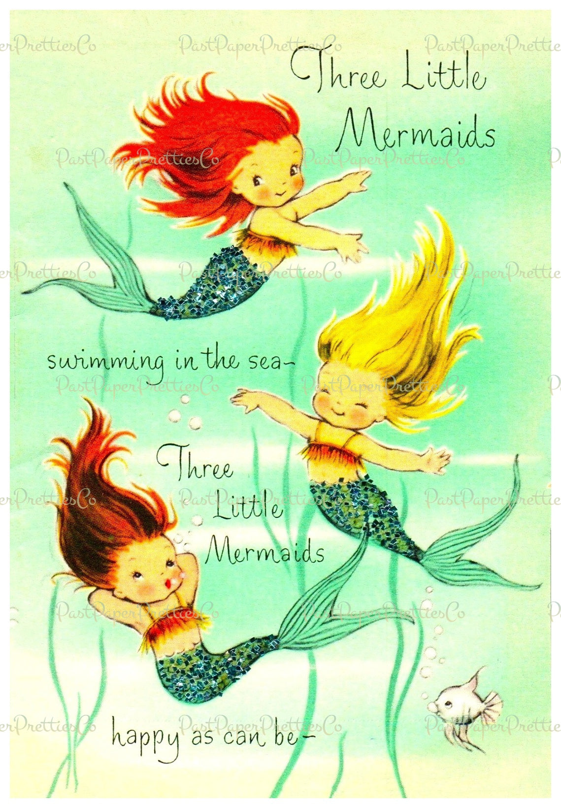 Vintage Printable Three Pretty Mermaid Friends Birthday Greeting Card Images PDF Instant Digital Download Kitsch Kawaii MCM Water Nymphs
