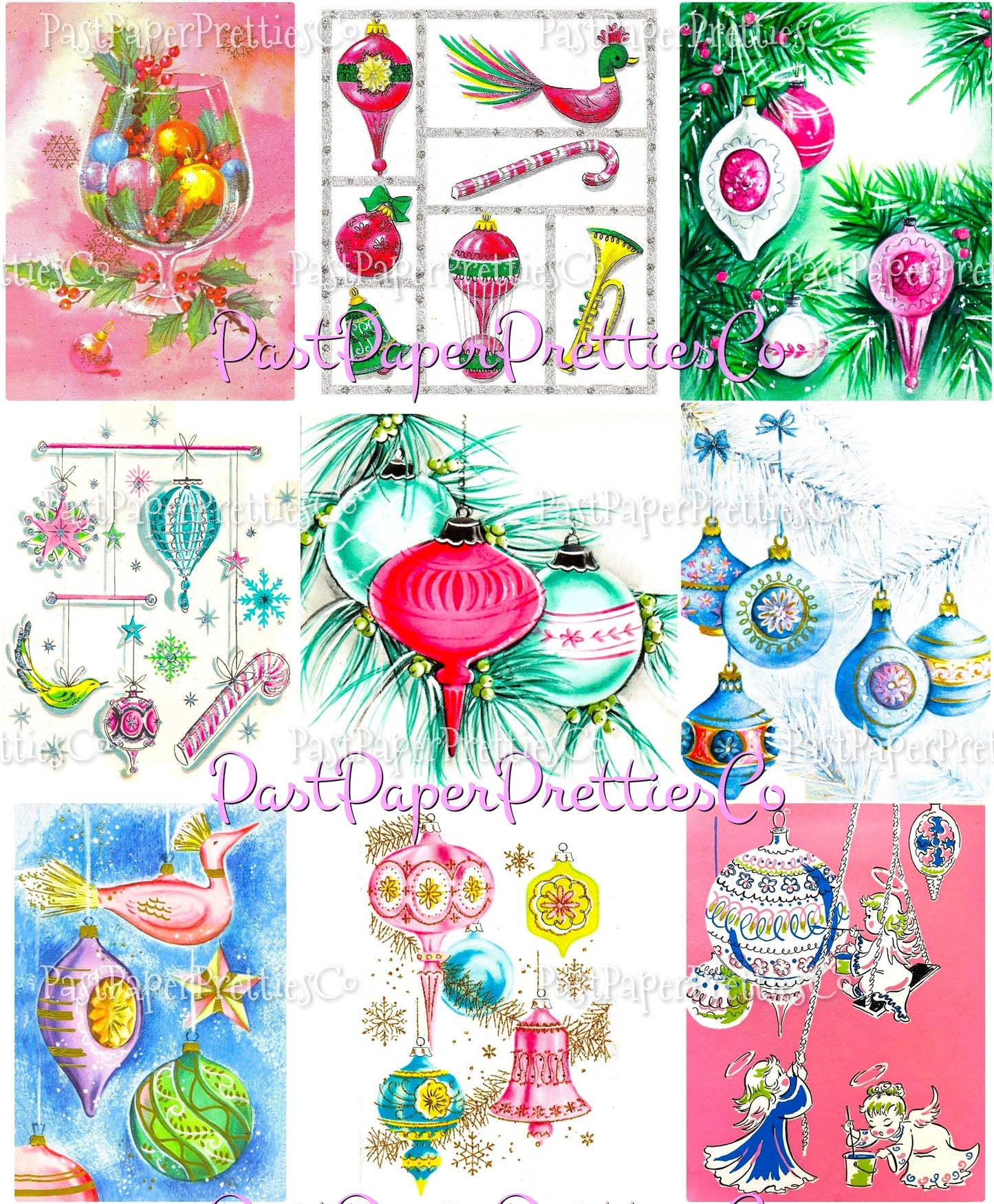 Vintage Printable Pretty Pastels Retro Christmas Ornaments Card Collage Sheets 38 Images PDF Instant Digital Download MCM Kitschmas Clipart