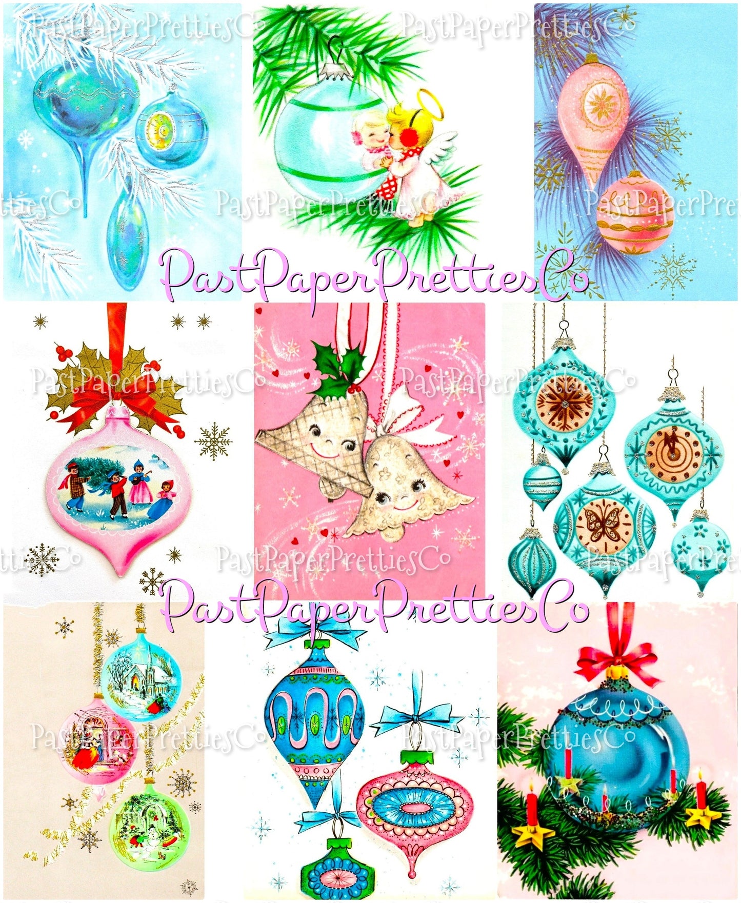 Vintage Printable Pretty Pastels Retro Christmas Ornaments Card Collage Sheets 38 Images PDF Instant Digital Download MCM Kitschmas Clipart