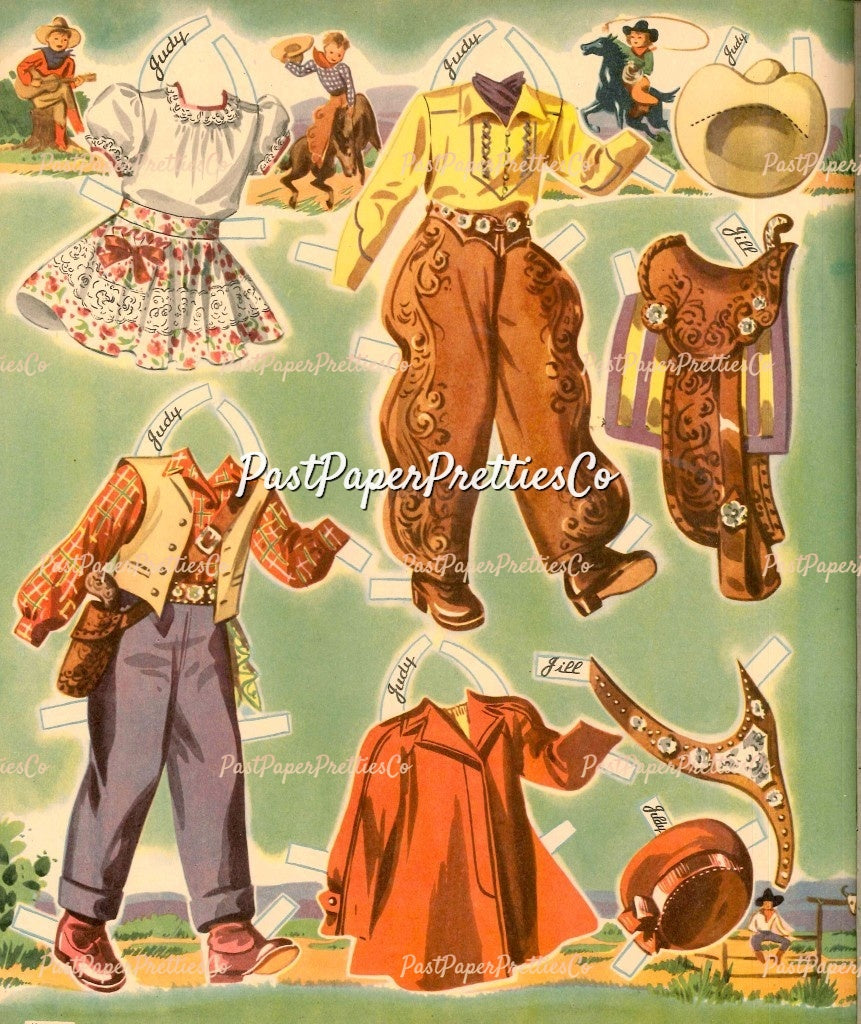 Vintage Paper Dolls Ride A Pony 1944 Printable PDF Instant Digital Download Cute Little Cowgirl Cowboy Western Dolls and Horses Clip Art