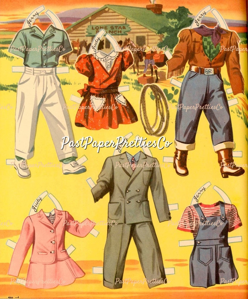 Vintage Paper Dolls Ride A Pony 1944 Printable PDF Instant Digital Download Cute Little Cowgirl Cowboy Western Dolls and Horses Clip Art