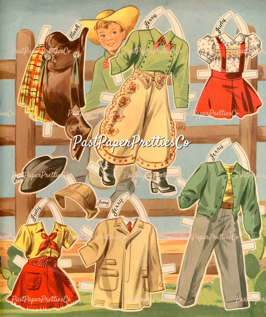 Vintage Paper Dolls Ride A Pony 1944 Printable PDF Instant Digital Download Cute Little Cowgirl Cowboy Western Dolls and Horses Clip Art
