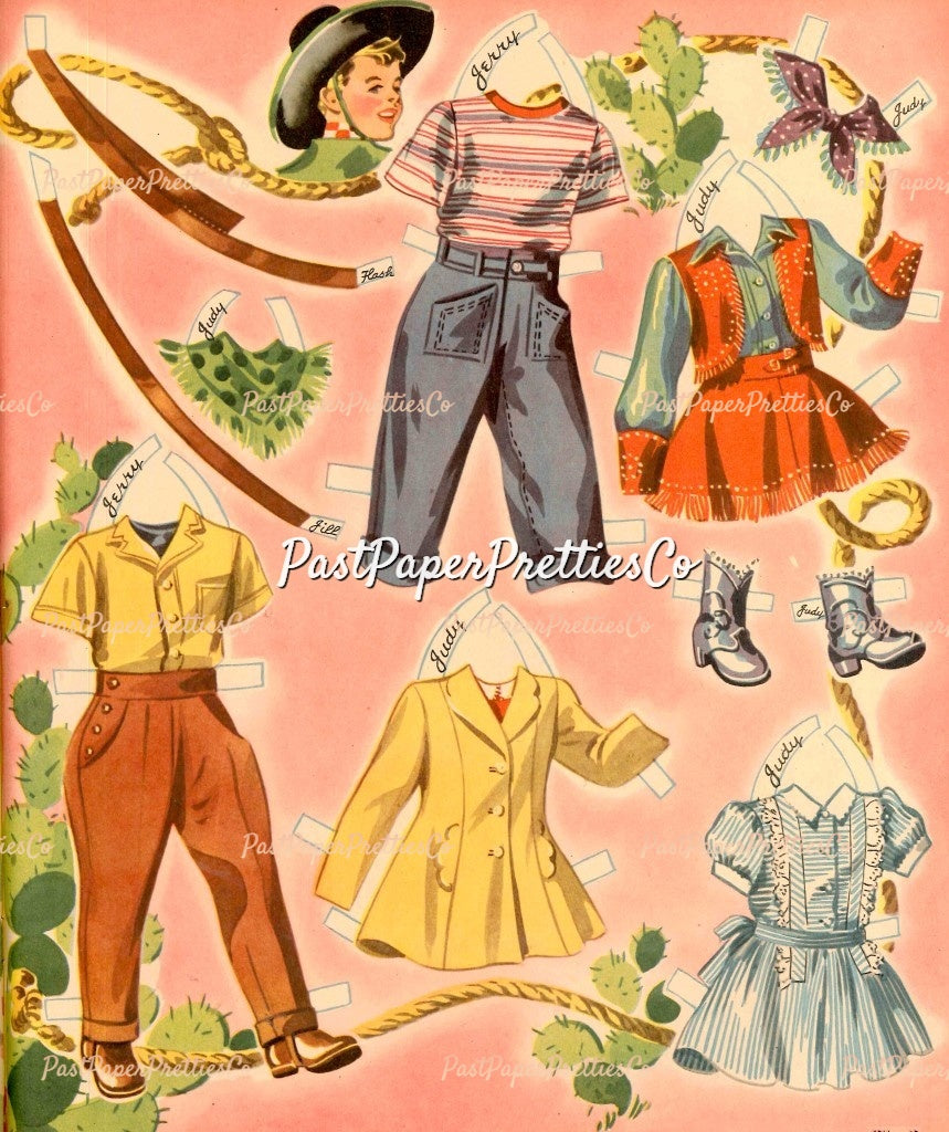 Vintage Paper Dolls Ride A Pony 1944 Printable PDF Instant Digital Download Cute Little Cowgirl Cowboy Western Dolls and Horses Clip Art