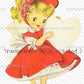 Vintage Printable Valentine Card Cute Coy Pretty Little Girl Image Red Dress Bonnet 1950s Instant Digital Download 300 dpi