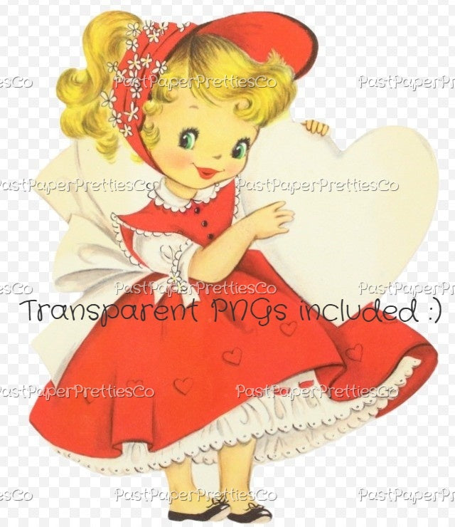 Vintage Printable Valentine Card Cute Coy Pretty Little Girl Image Red Dress Bonnet 1950s Instant Digital Download 300 dpi