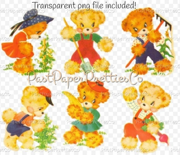 Vintage Retro Nursery Cute Busy Bears Printable Decals Images Collage Sheet Instant Digital Download Cute Kitsch Teddy Bears 1960s