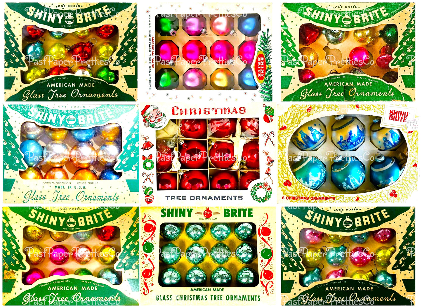 Vintage Christmas Printable Shiny Brite Ornaments Collage Images PDF Instant Digital Download Kitsch MCM Glass Ornament Boxes Clipart