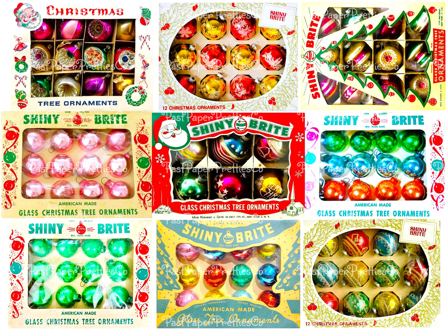 Vintage Christmas Printable Shiny Brite Ornaments Collage Images PDF Instant Digital Download Kitsch MCM Glass Ornament Boxes Clipart