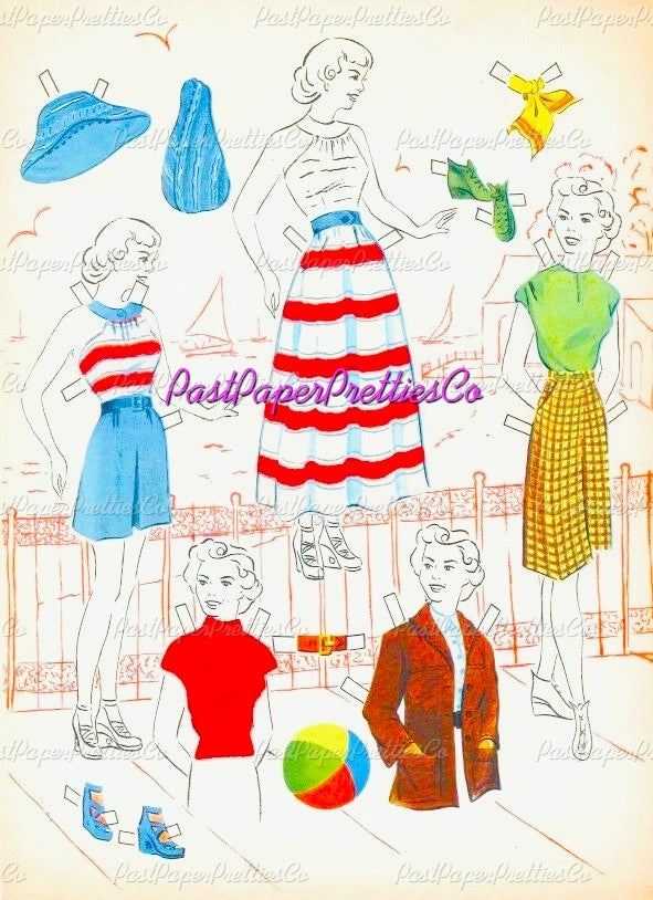 Vintage Paper Dolls TV Style Show 1949 Printable PDF Instant Digital Download Retro Television Fashion Models Starlets 5 Dolls Clip Art