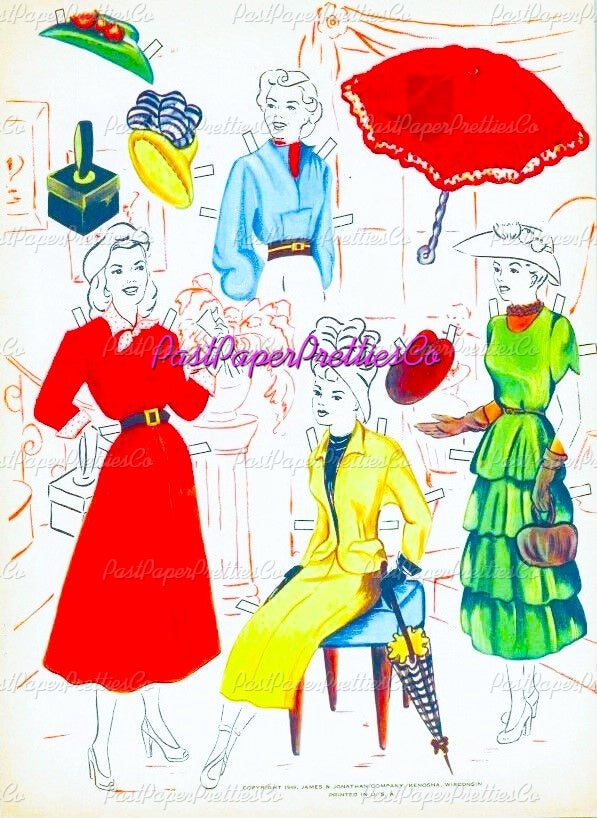 Vintage Paper Dolls TV Style Show 1949 Printable PDF Instant Digital Download Retro Television Fashion Models Starlets 5 Dolls Clip Art